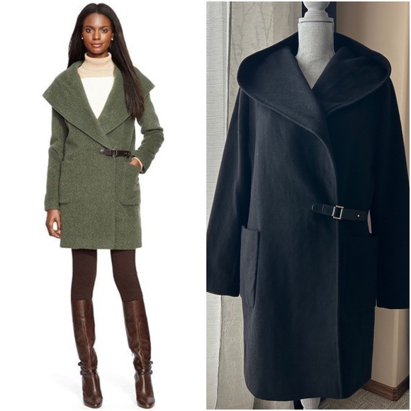 Lauren Ralph Lauren Jackets & Blazers - Lauren Ralph Lauren Size 12 Hooded Black Wool Blend Wrap Coat Front Buckle